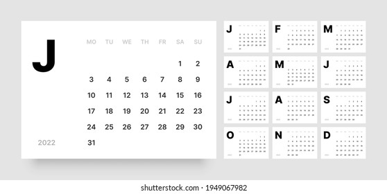 Monthly calendar for 2022 year. Week Starts on Monday.