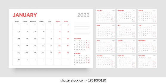 Monthly Calendar For 2022 Year. Week Starts On Monday.