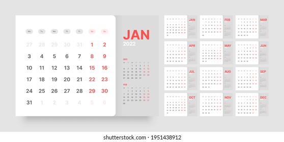 Monthly calendar for 2022 year. Week Starts on Monday.