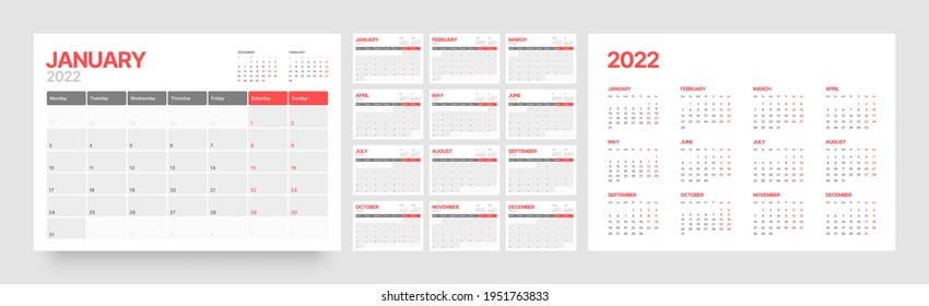 Monthly Calendar For 2022 Year. Week Starts On Monday.