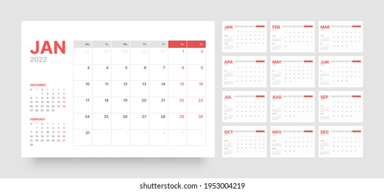 Monthly calendar for 2022 year. Week Starts on Monday.