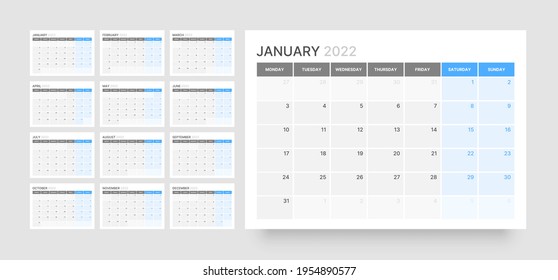 Monthly calendar for 2022 year. Week Starts on Monday.