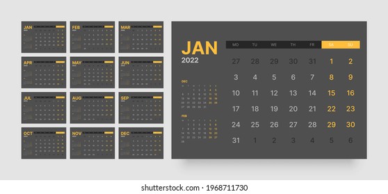 Monthly calendar for 2022 year. Week Starts on Monday.