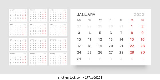 Monthly calendar for 2022 year. Week Starts on Monday.