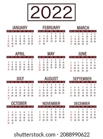 Monthly calendar for 2022 year. Week start Sunday corporate design planner template. Isolated vector illustration.