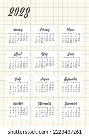 Calendario mensual para 2023. Calendario con fondo a cuadros. La semana empieza el domingo.