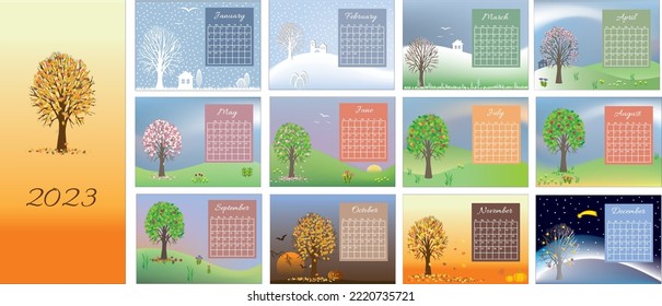 Monthly calendar 2023 with landscape and trees. Artistic colorful design, vector illustration. The week starts on Sunday.