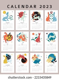 Monthly calendar 2023 with rabbits or hares, geometric abstract shape, doodle elements and plant. Chinese New year or easter animal. Vector flat minimalist style bunny illustration. Printable template