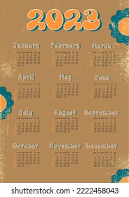 Monthly calendar for 2023. Retro vertical calendar. The week starts on Sunday. Calendar tamplate