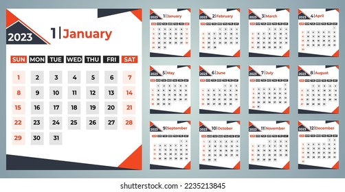 Monthly calendar 2023 set, week starts from Sunday, in Orange Black Shade. 