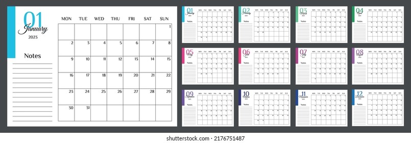 Monthly calendar 2023. Calendar 2023 template planner minimalist. Colorful planner 2023 with calendar. Vector illustration. Blank white notebook page A4. Printable template. Week Starts on Monday