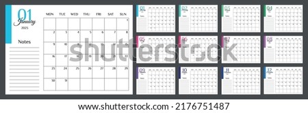 Monthly calendar 2023. Calendar 2023 template planner minimalist. Colorful planner 2023 with calendar. Vector illustration. Blank white notebook page A4. Printable template. Week Starts on Monday