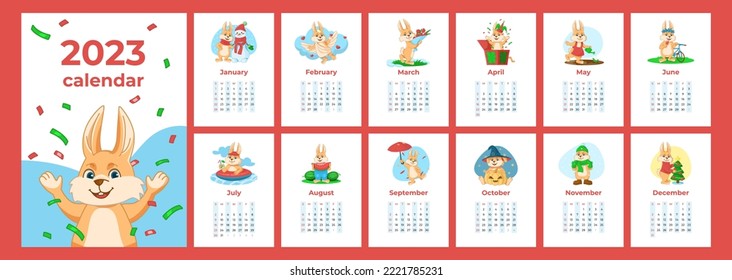 Monthly calendar 2023 template with rabbit.