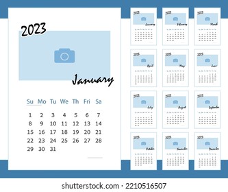 Monthly calendar for 2023 year. calendar for business blue color. Vector template with place for photo. Simple design wall or desktop calendar. Week Starts Sunday.