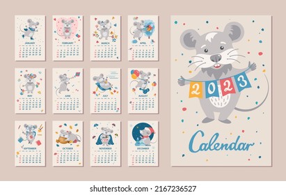 Monthly Calendar 2023 Year. Cute cartoon Mouse in different situations. Week starts on sunday. Vector illustration