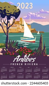 Monthly calendar 2023 year French Riviera Antibes Retro Poster. Tropical coast scenic view, palm, Mediterranean marine, sea town, sailboat.