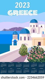 Monthly calendar 2023 year Greece Poster Travel, Greek white buildings with blue roofs, church, poster, old Mediterranean European culture and architecture