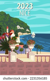 Monthly calendar 2023 year Nice French Riviera coast poster vintage. Mediterranean Resort, coast, sea, palms, beach. Retro style illustration vector