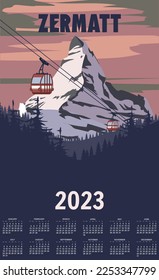 Monthly calendar 2023 year Zermatt Ski resort poster, retro. Alpes Winter travel card svg