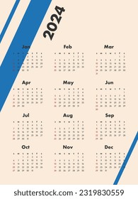 Monthly calendar for 2024. Vertical calendar with bauhaus elements. The week starts on Sunday.