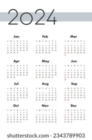 Monthly calendar for 2024. vertical calendar. The week starts on Sunday.