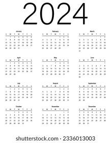 Monthly calendar for 2024 year. Calendar in the style of minimalist square shape. The week starts on Sunday.  Vector illustration
