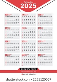 Monthly Calendar 2025 vector illustration, Calendar date planner 2025 Editable design.