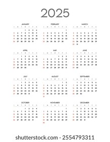 Monthly calendar 2025 week start Sunday corporate design template vector, wall desk calendar in a minimalist style