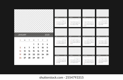 Monthly calendar 2025 week start Sunday corporate design template vector, wall desk calendar in a minimalist style