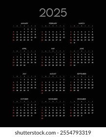 Monthly calendar 2025 week start Sunday corporate design template vector, black wall desk calendar in a minimalist style