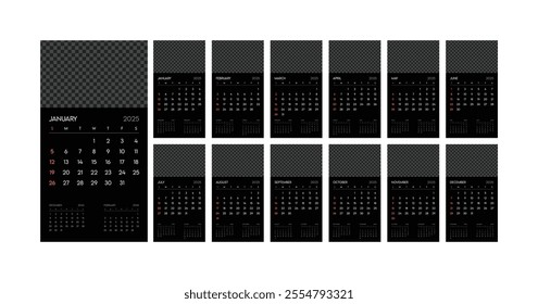 Monthly calendar 2025 week start Sunday corporate design template vector, black wall desk calendar in a minimalist style