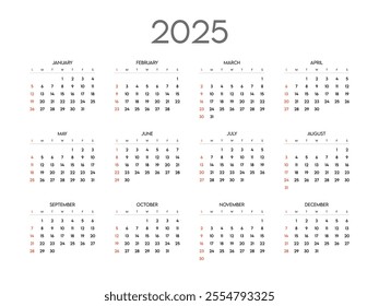 Monthly calendar 2025 week start Sunday corporate design template vector, wall desk calendar in a minimalist style