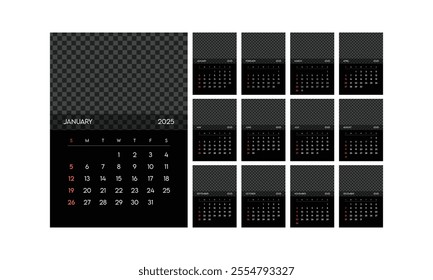 Monthly calendar 2025 week start Sunday corporate design template vector, black wall desk calendar in a minimalist style