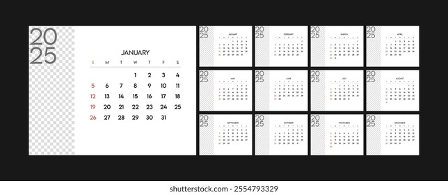 Monthly calendar 2025 week start Sunday corporate design template vector, wall desk calendar in a minimalist style