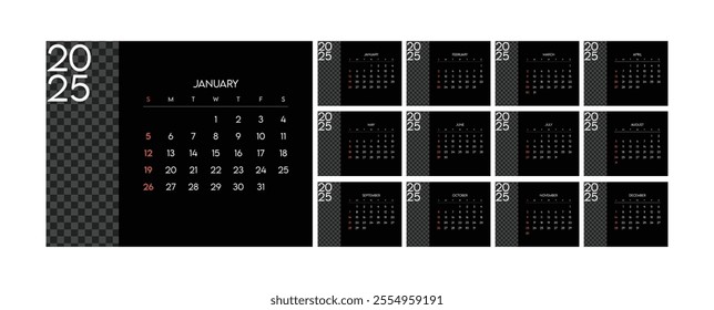 Monthly calendar 2025 week start Sunday corporate design template vector, black wall desk calendar in a minimalist style