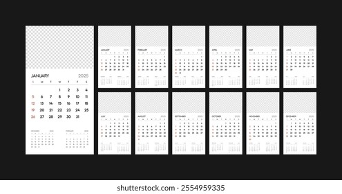 Monthly calendar 2025 week start Sunday corporate design template vector, wall desk calendar in a minimalist style