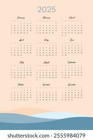 Monthly calendar 2025 week start Sunday corporate design template vector, wall desk calendar in a minimalist style