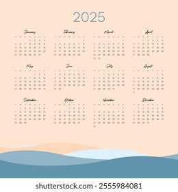 Monthly calendar 2025 week start Sunday corporate design template vector, wall desk calendar in a minimalist style