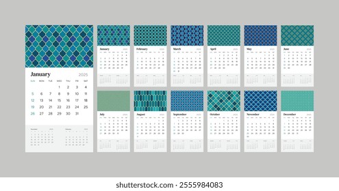 Monthly calendar 2025 week start Sunday corporate design template vector, wall desk calendar in a minimalist style