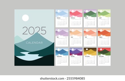 Monthly calendar 2025 week start Sunday corporate design template vector, wall desk calendar in a minimalist style