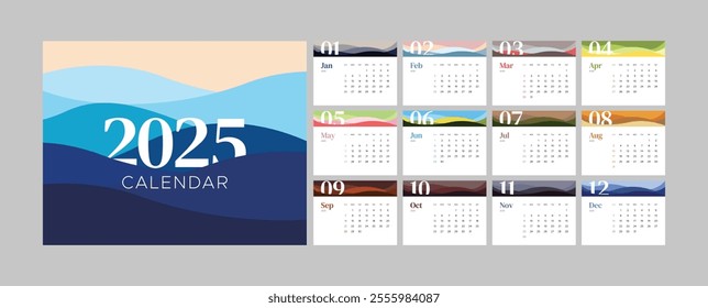 Monthly calendar 2025 week start Sunday corporate design template vector, wall desk calendar in a minimalist style