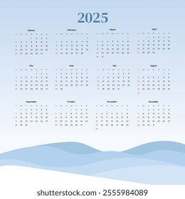 Monthly calendar 2025 week start Sunday corporate design template vector, wall desk calendar in a minimalist style