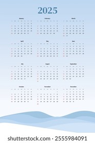 Monthly calendar 2025 week start Sunday corporate design template vector, wall desk calendar in a minimalist style