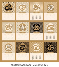 Monthly calendar for 2025 year with stylish snakes. Modern design for the Year of the Snake. Chinese New Year 2025. Week starts on Sunday. Vector illustration. Perfect for corporate calendars, holiday