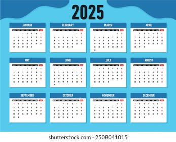 Monthly calendar for 2025 year. Week Starts on Monday.