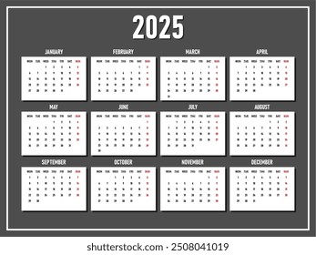 Monthly calendar for 2025 year. Week Starts on Monday.