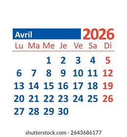 
Monthly calendar 2026 in French, April, Color