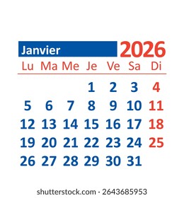 Monthly calendar 2026 in French, January, Color