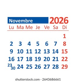 
Monthly calendar 2026 in French, November, Color
