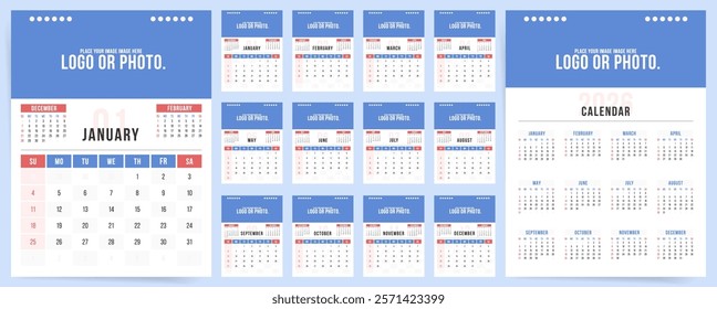 Monthly Calendar 2026, Calendar 2026 Sunday Start Corporate Design Template with Photo Placeholder